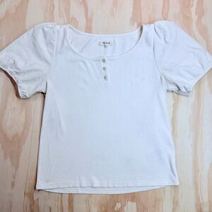 Madewell Eyelet Sleeve Henley Tee Medium White Mixed Media Puff Sleeve Top